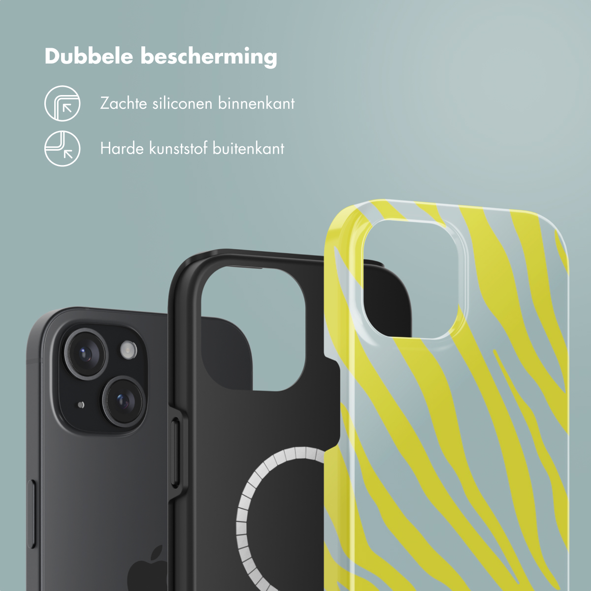 Drie telefoonhoesjes: zwart, zwart met witte cirkel en gele zebra strepen.