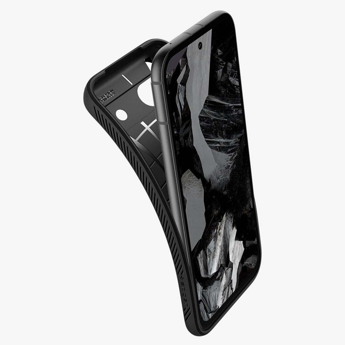 Custodia nera per telefono, aperta, rivela un telefono con immagine astratta in bianco e nero.