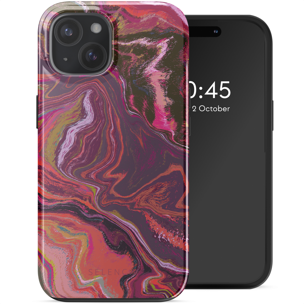 Een telefoonhoesje met een kleurrijk abstract ontwerp ligt naast een telefoon die de tijd toont.