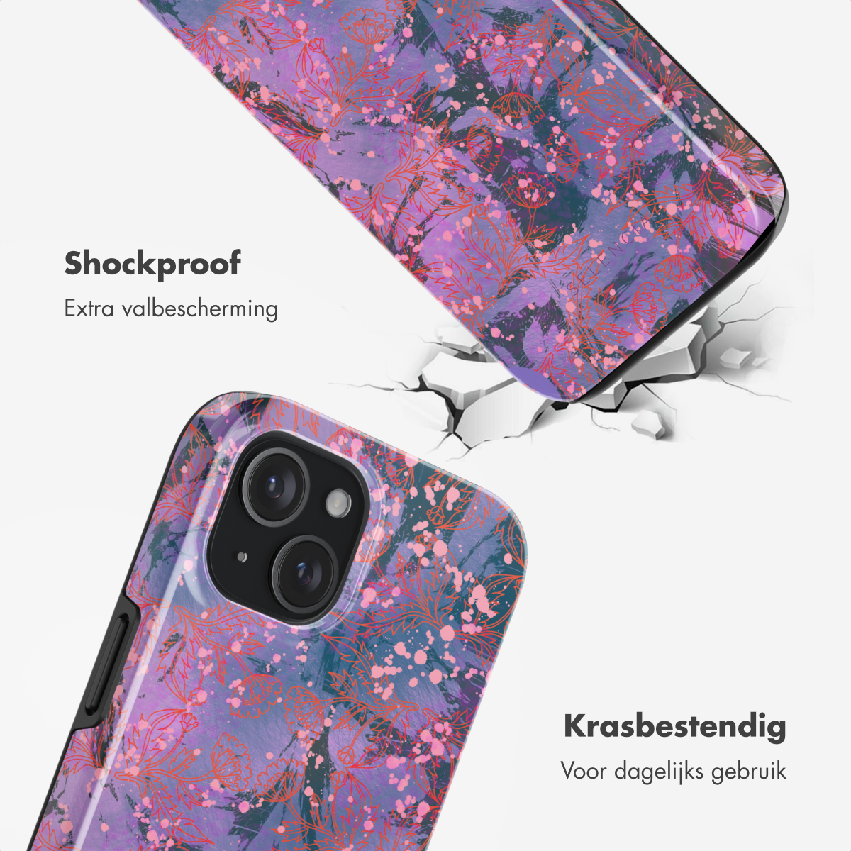 Twee telefoonhoesjes, de ene bovenop de andere, met een bloemenpatroon en witte achtergrond.