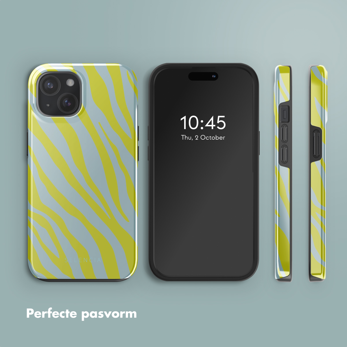 Telefoon met hoesje, en twee andere aanzichten van het hoesje. Het hoesje heeft een geel en blauw zebrapatroon.
