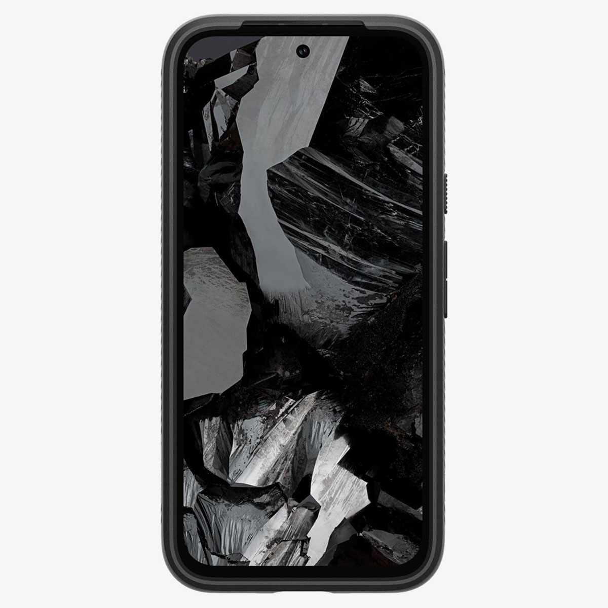 Telefono che mostra forme astratte in bianco e nero. Il telefono è in una custodia nera.
