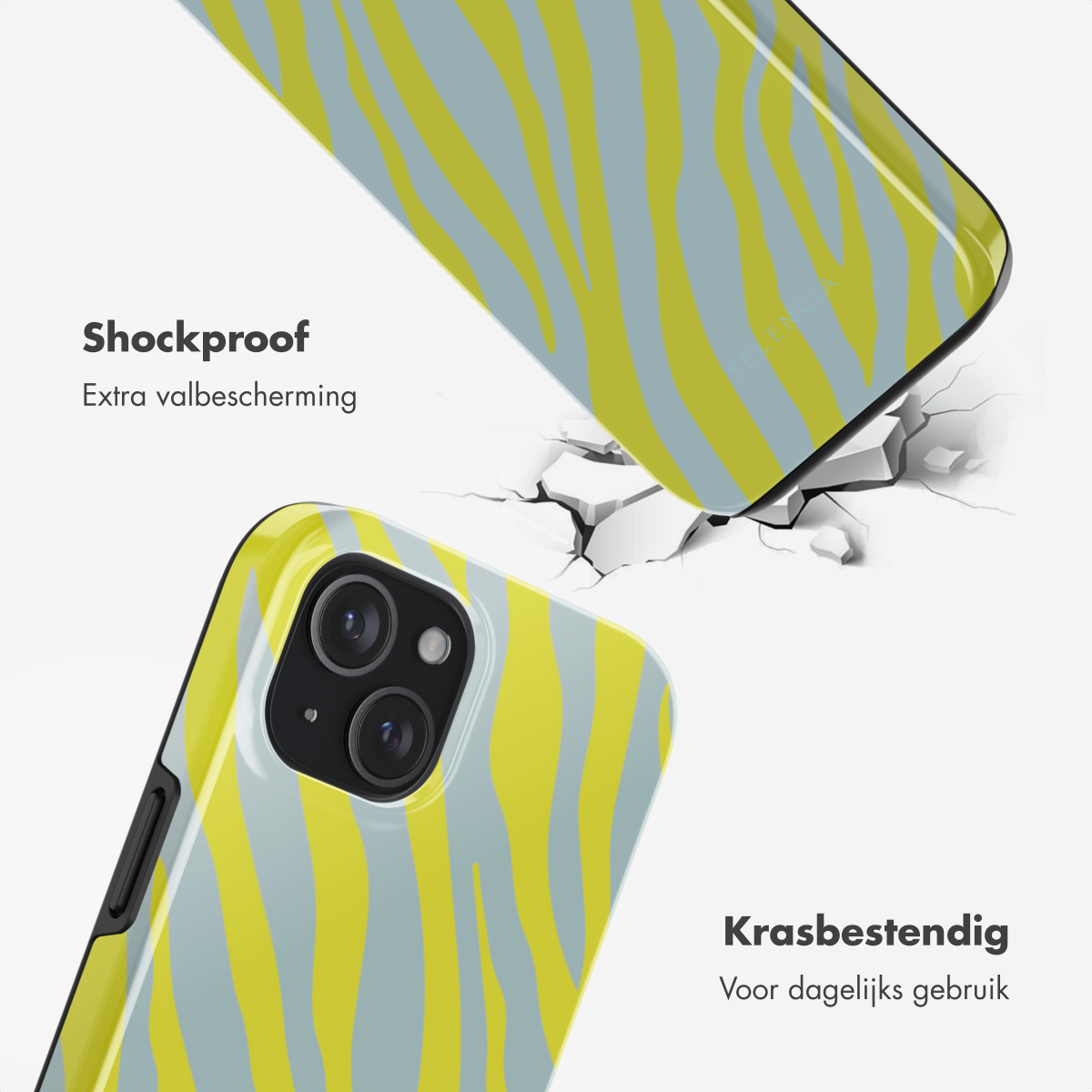 Telefoonhoesje met gele en blauwe zebra strepen op een gebarsten oppervlak. Schokbestendig.