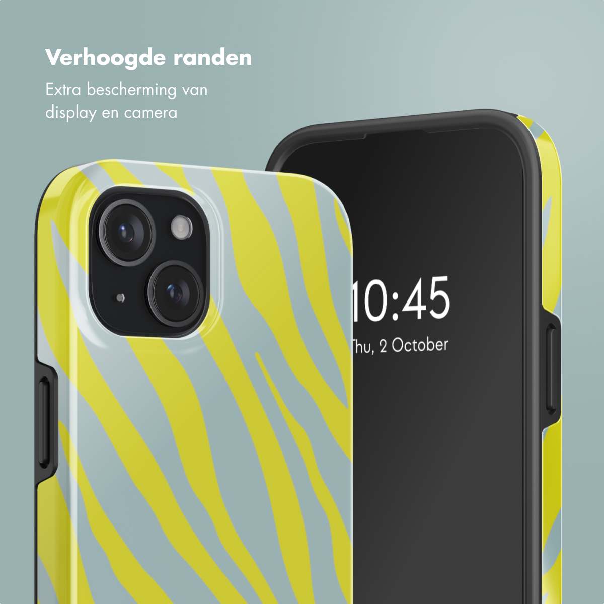 Telefoon met een geel en grijs hoesje, toont de tijd op het scherm.