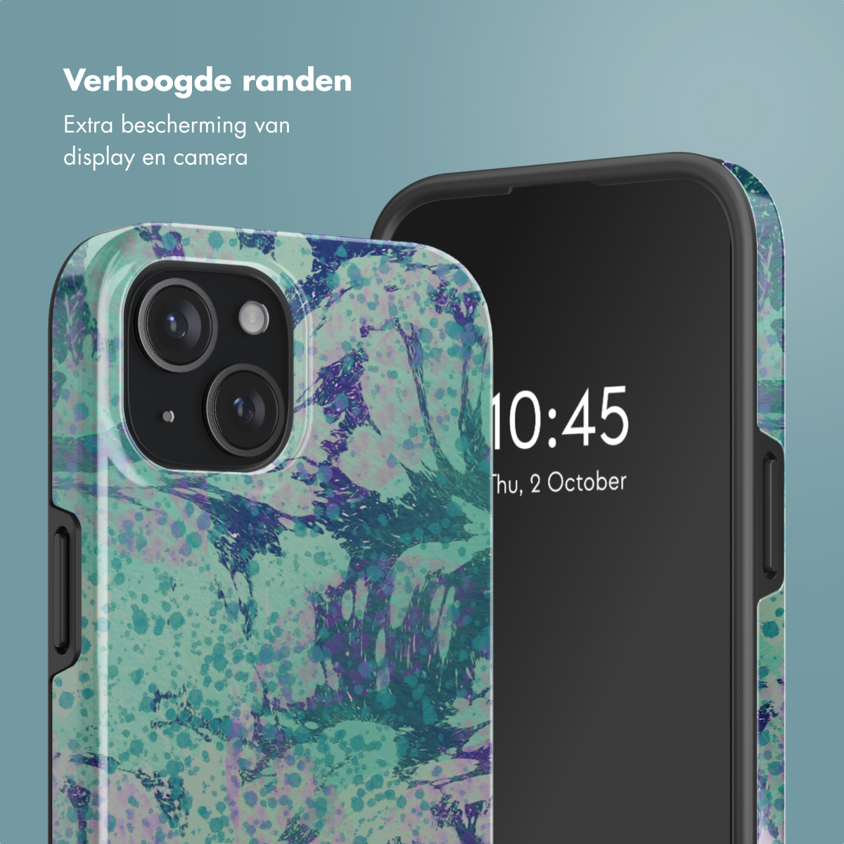 Smartphone met een hoesje, met het scherm zichtbaar. De hoes heeft een marmerachtig patroon en beschermt.