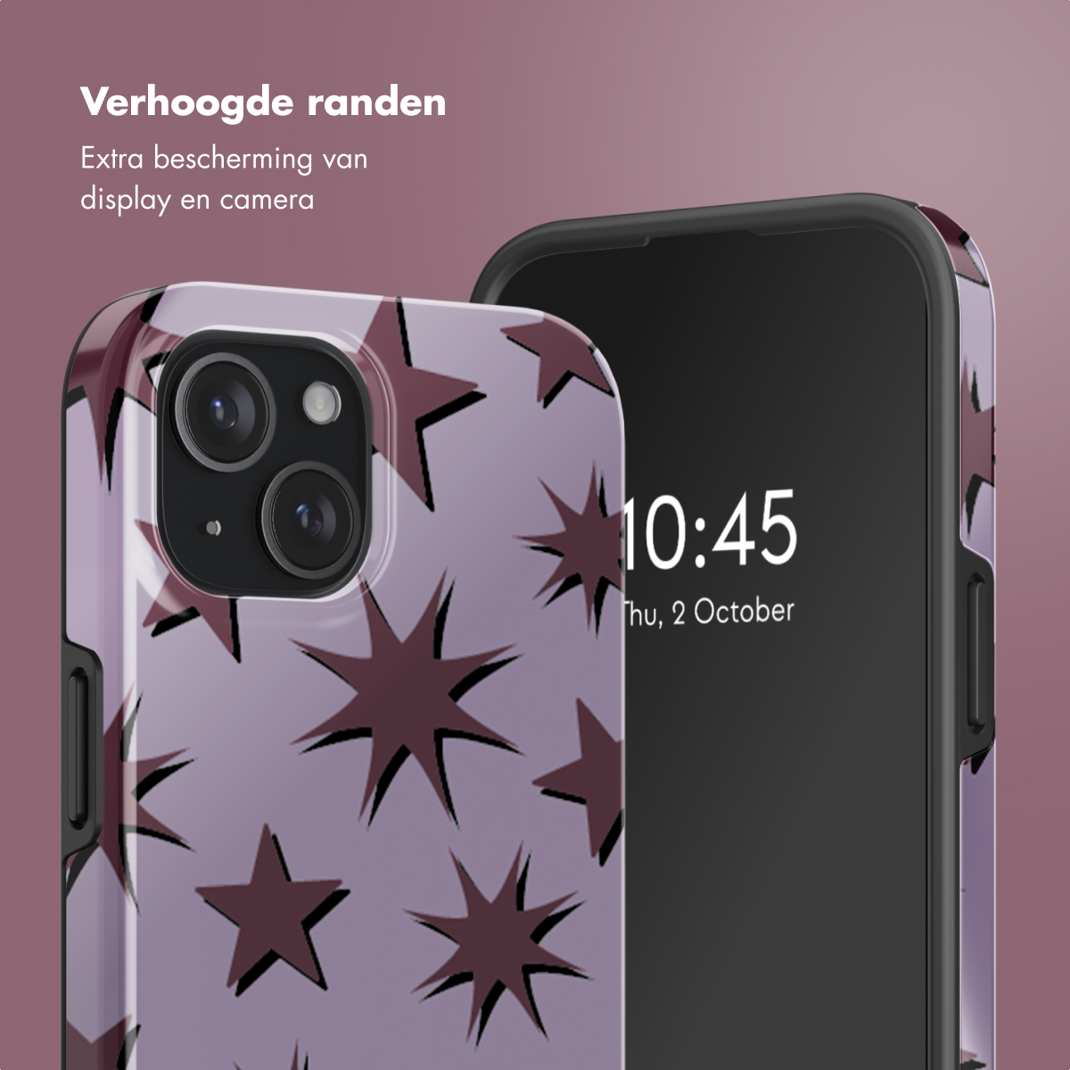 Telefoonhoesje met een sterrenpatroon en een telefoon erin, waarop de tijd op het scherm wordt weergegeven.
