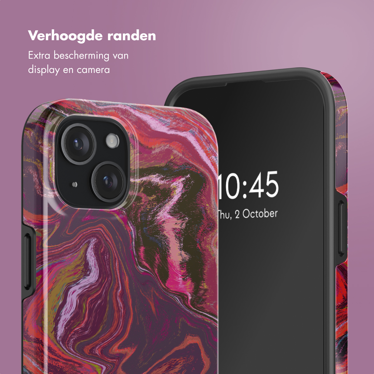 Telefoonhoesje met een marmerpatroon. De telefoon heeft een scherm met de tijd.