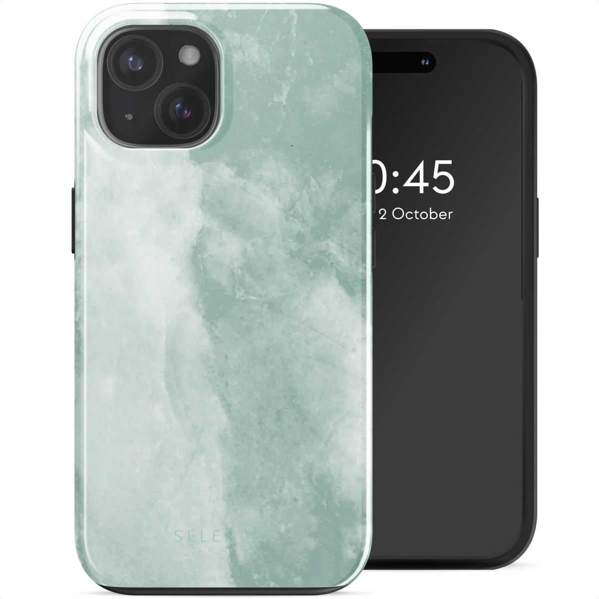 iPhone met groene marmeren hoes. Het scherm toont tijd en datum. Zwarte achtergrond.