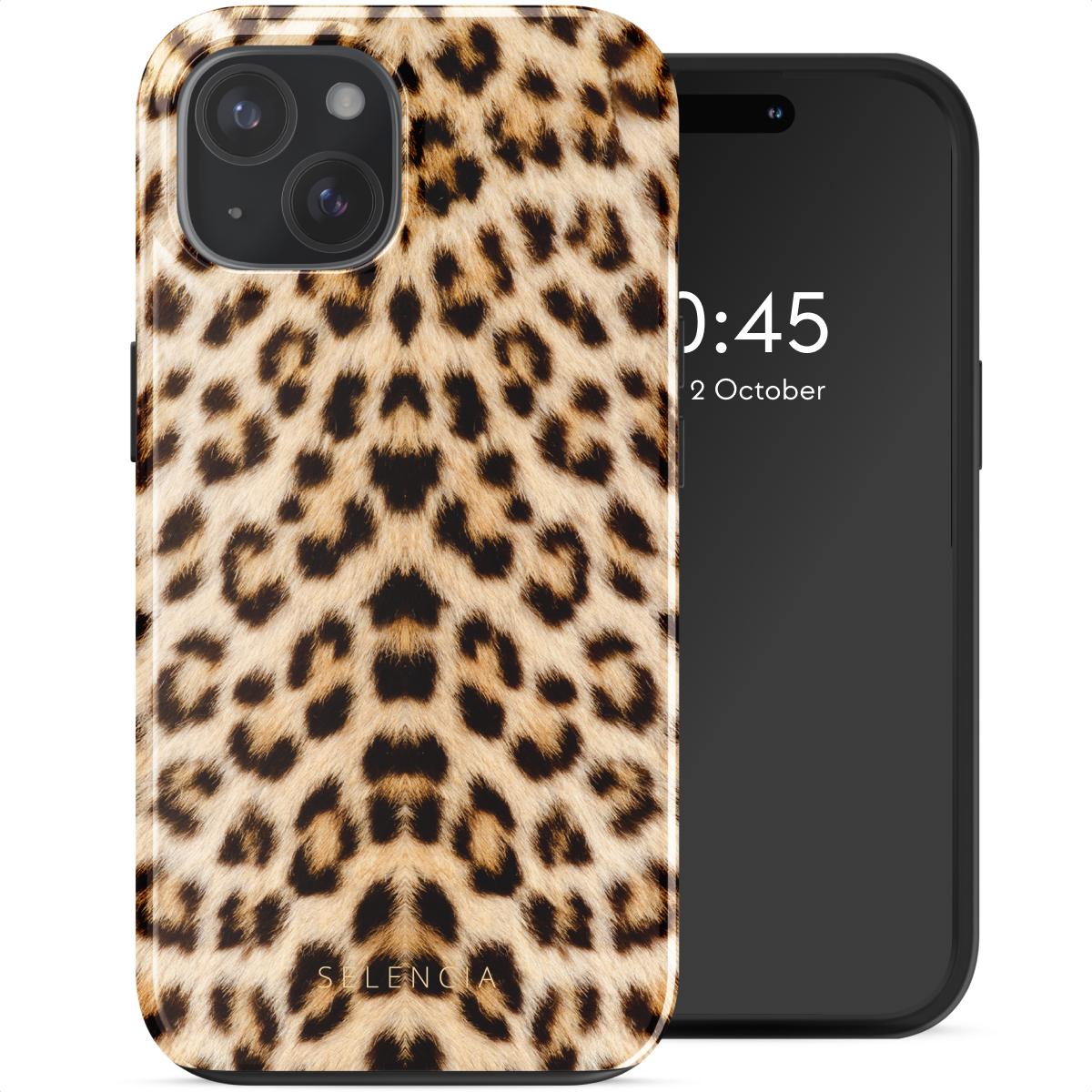 Coque de téléphone avec imprimé léopard. Téléphone noir affiche l'heure et la date. La coque est à gauche.