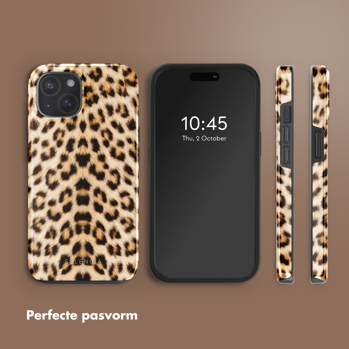 Coque de téléphone avec imprimé léopard et téléphone affichant l'heure et la date. Coque sur le côté.