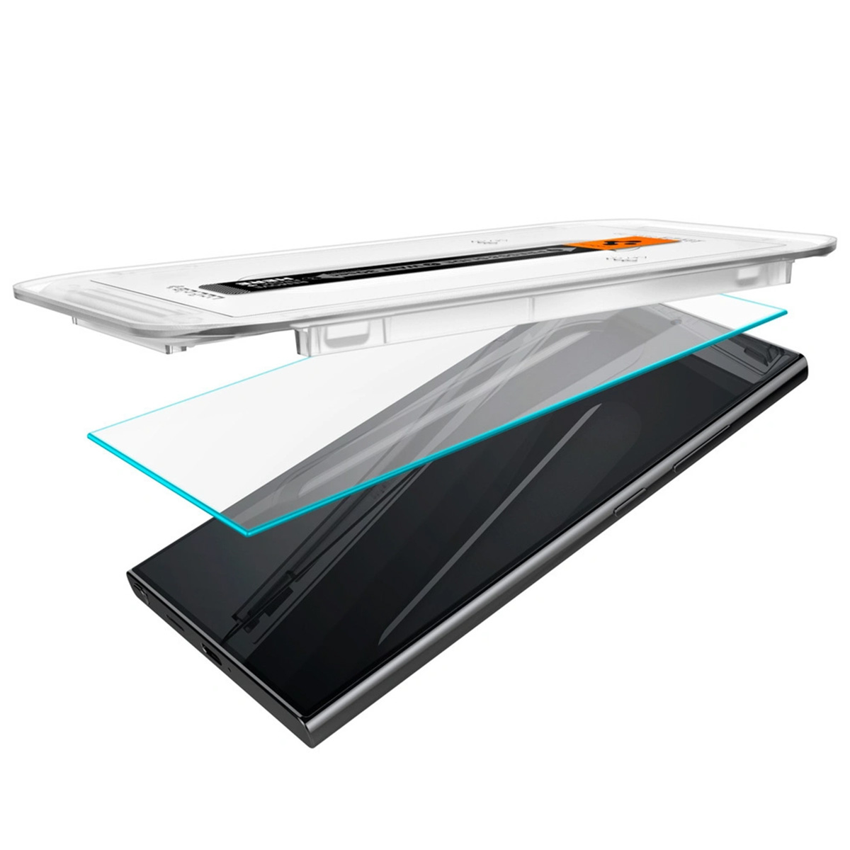 Warstwy osłony ekranu telefonu. Pokazuje nakładanie się szklanej osłony na telefonie.