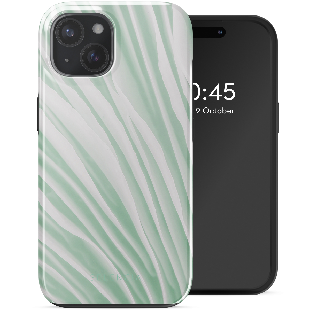 Een telefoonhoesje met een groen en wit golfontwerp, naast een zwarte telefoon met een klokdisplay.