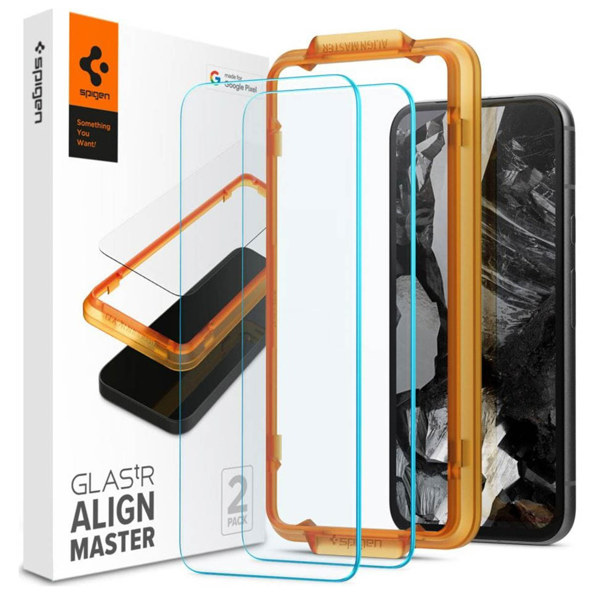 Un kit proteggi schermo per telefono, con telefono e cornice arancione. La confezione è a sinistra.