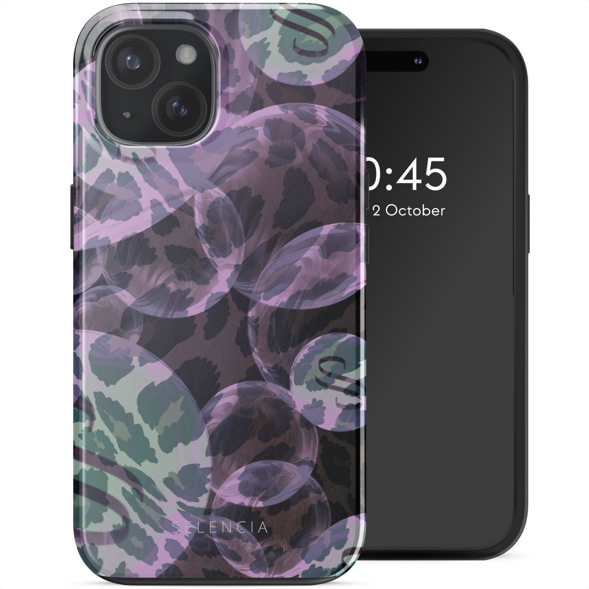 Een telefoon met een luipaardprint hoesje. De hoes heeft een bubbelontwerp. Het scherm toont de tijd.