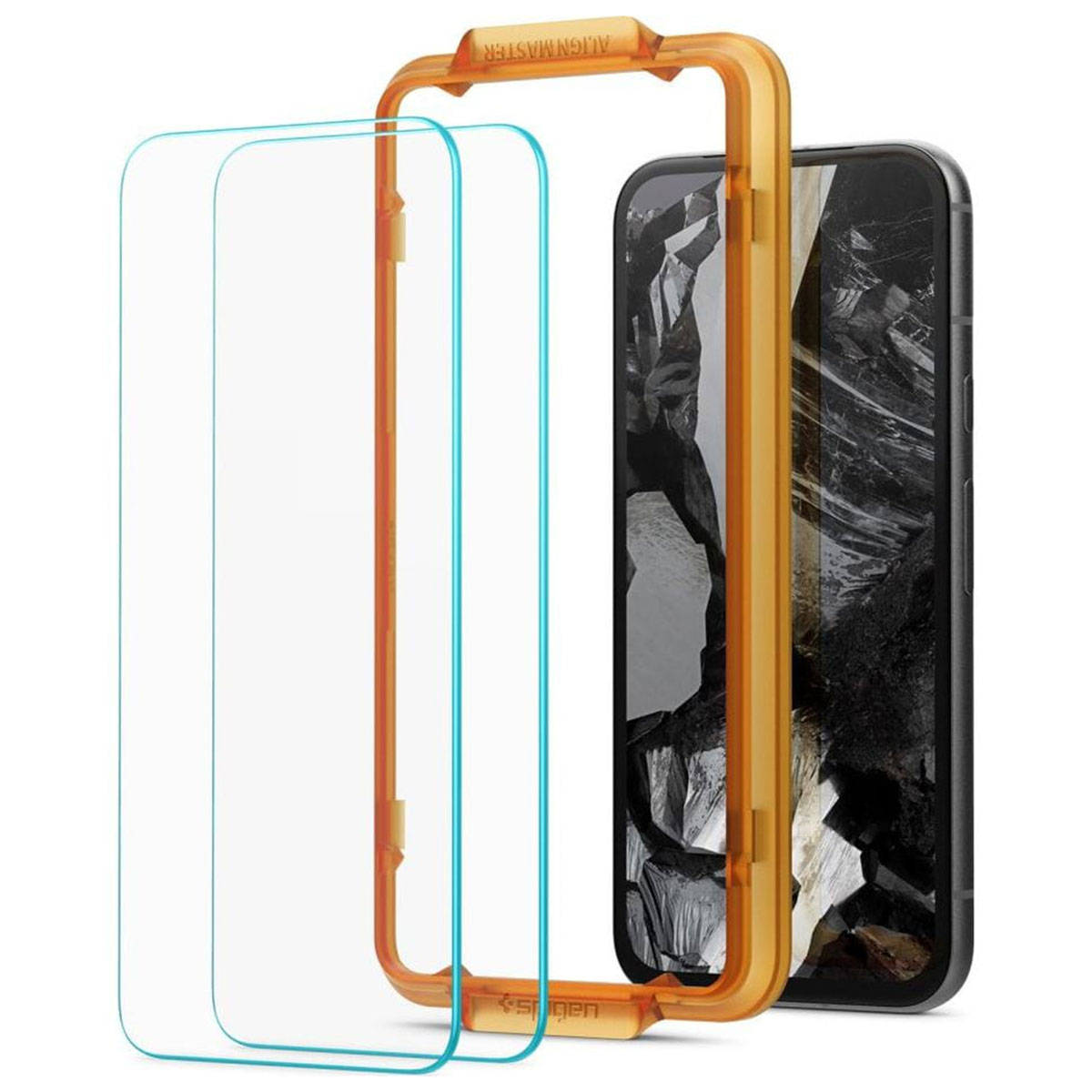 Protezioni schermo e strumento di allineamento. Plastica trasparente, cornice arancione. Sfondo bianco.