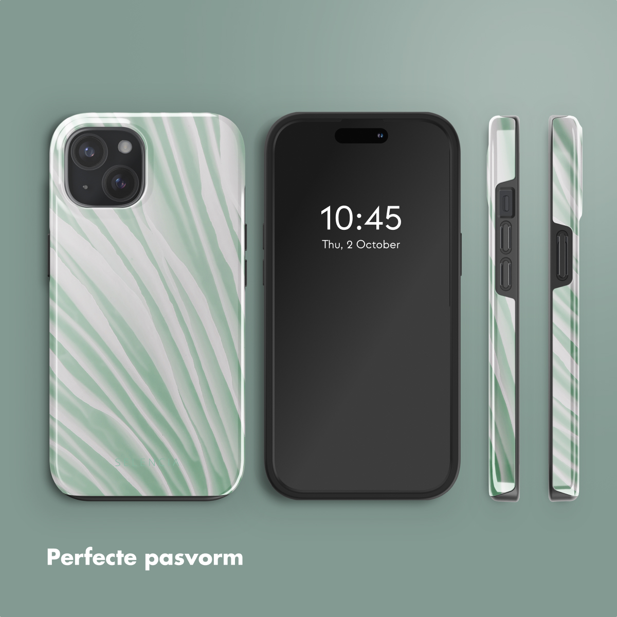 Een telefoon, hoesje en het ontwerp van de hoes op een groene achtergrond. Tekst zegt 'Perfecte pasvorm'.