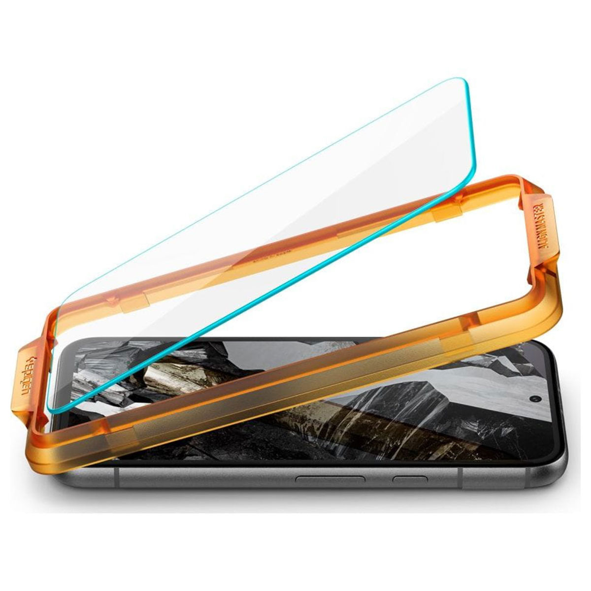 Telefono con protezione schermo. Cornice arancione e protezione in vetro trasparente.