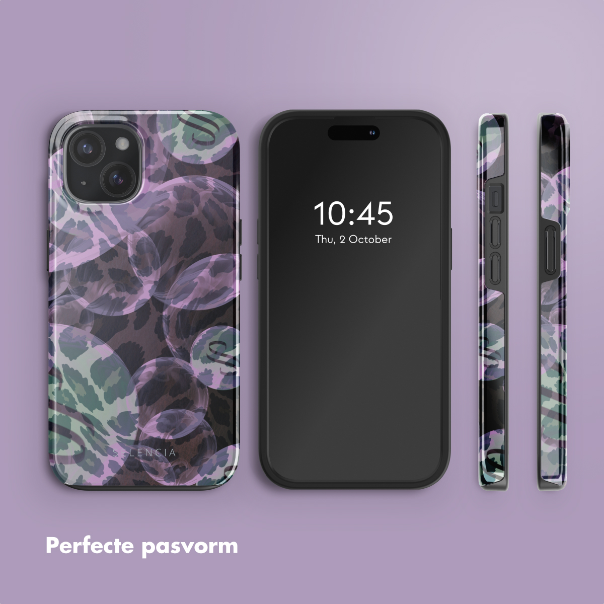 Smartphone en hoesjes met luipaardprint ontwerp, op een lavendel achtergrond.