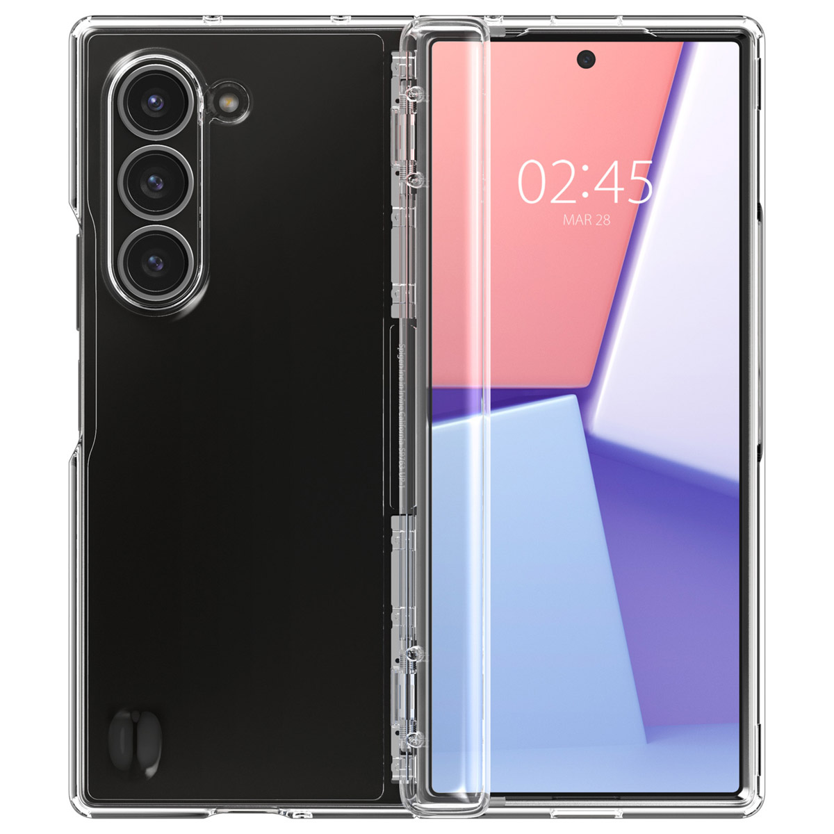 Custodia trasparente per telefono, aperta, che mostra un telefono. La custodia ha tre lenti per fotocamera e uno schermo.