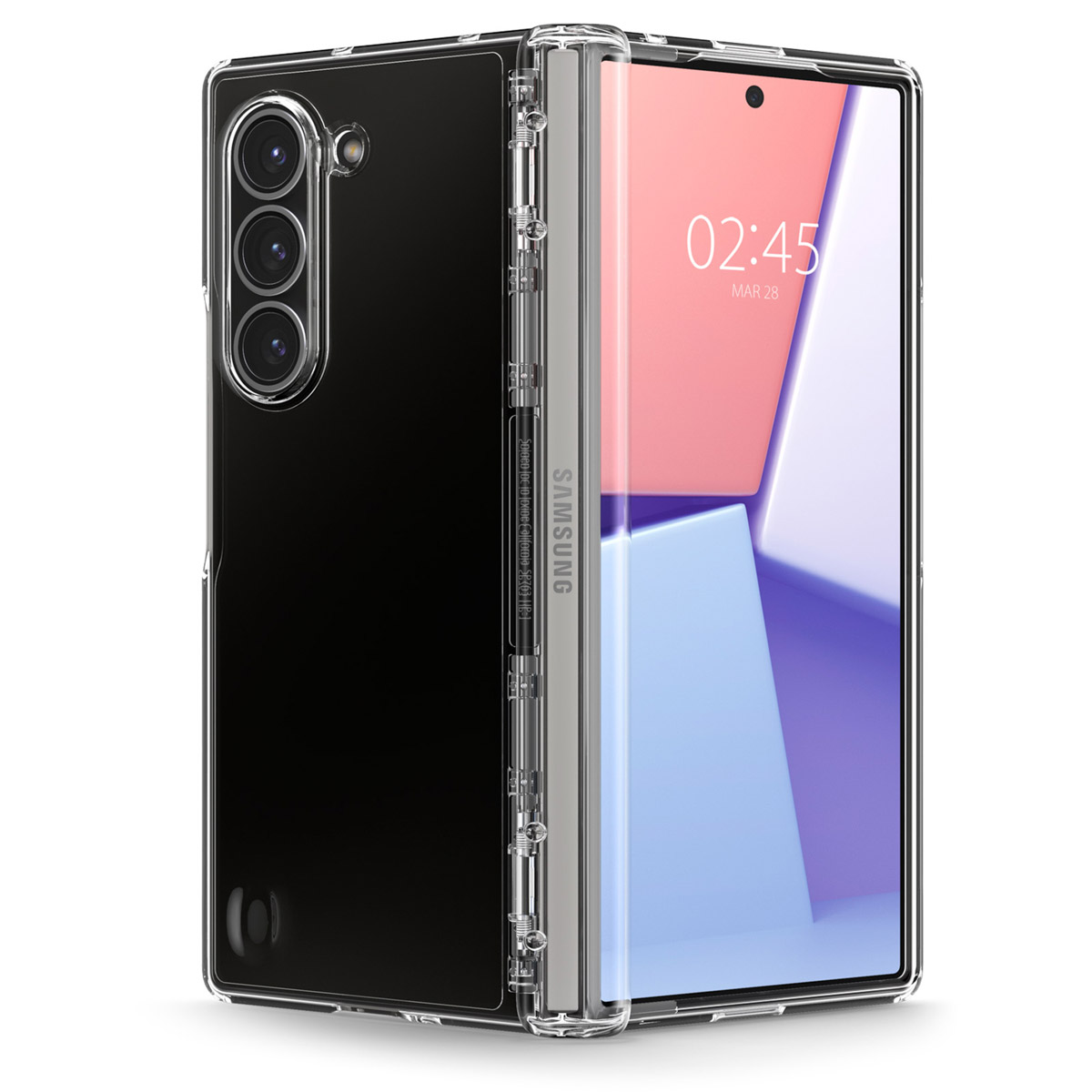 Un telefono pieghevole in una custodia trasparente. Il telefono è aperto, mostrando lo schermo.
