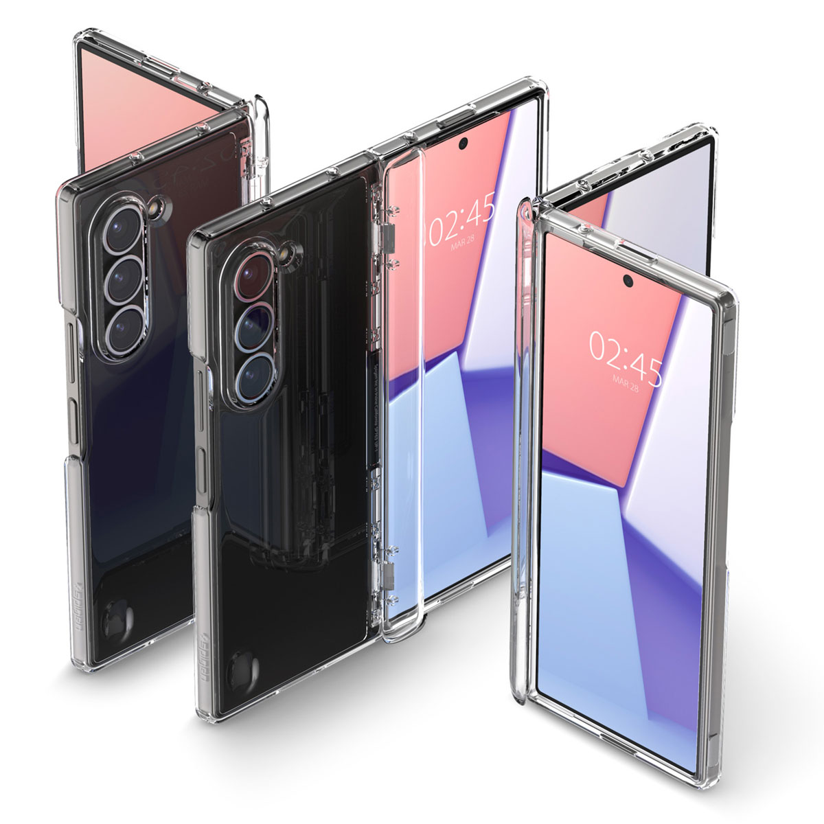 Custodie trasparenti per telefono, che mostrano un telefono con sfondo rosa e blu.