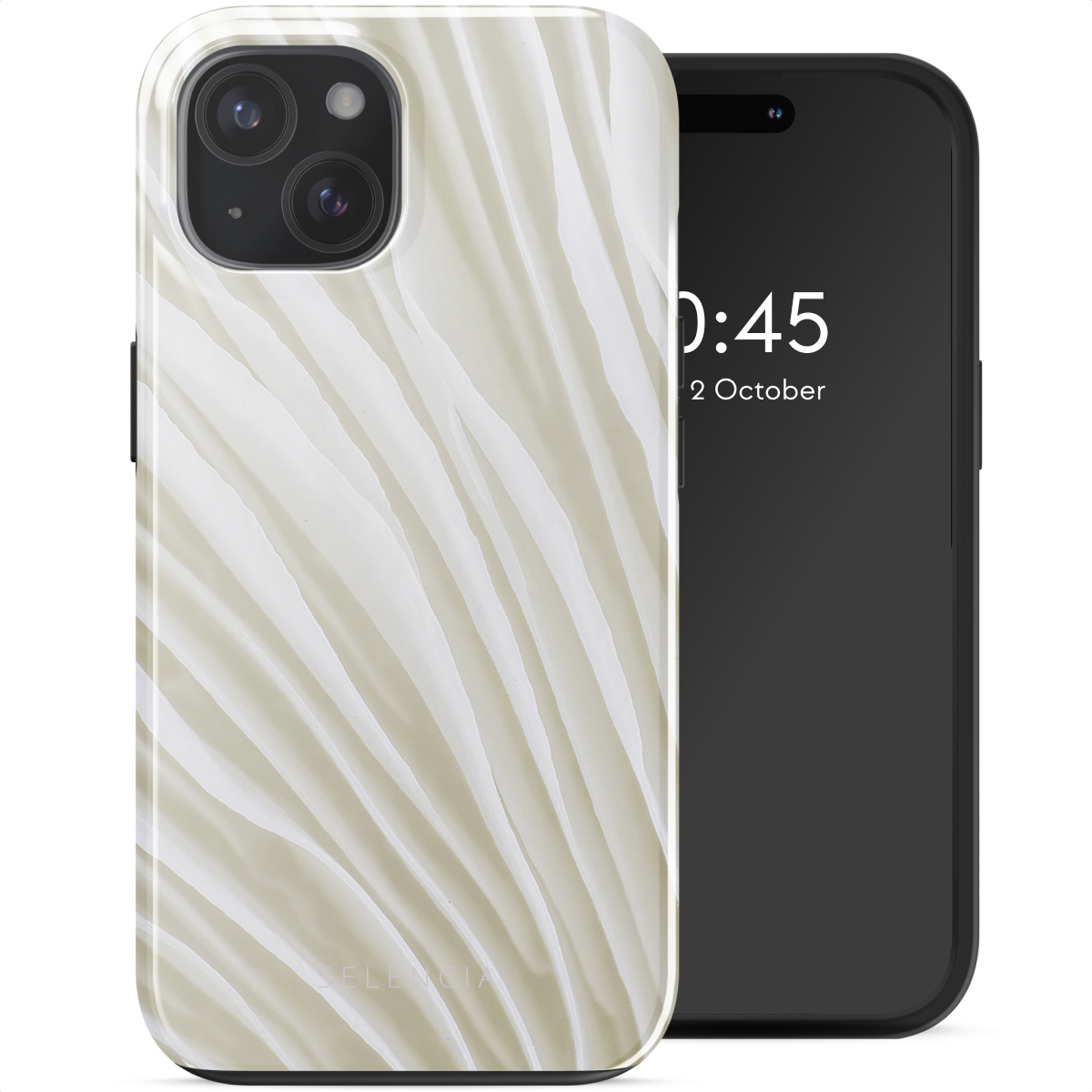 Telefoon en hoesje. Hoesje heeft een golvend patroon. Telefoon toont datum en tijd.