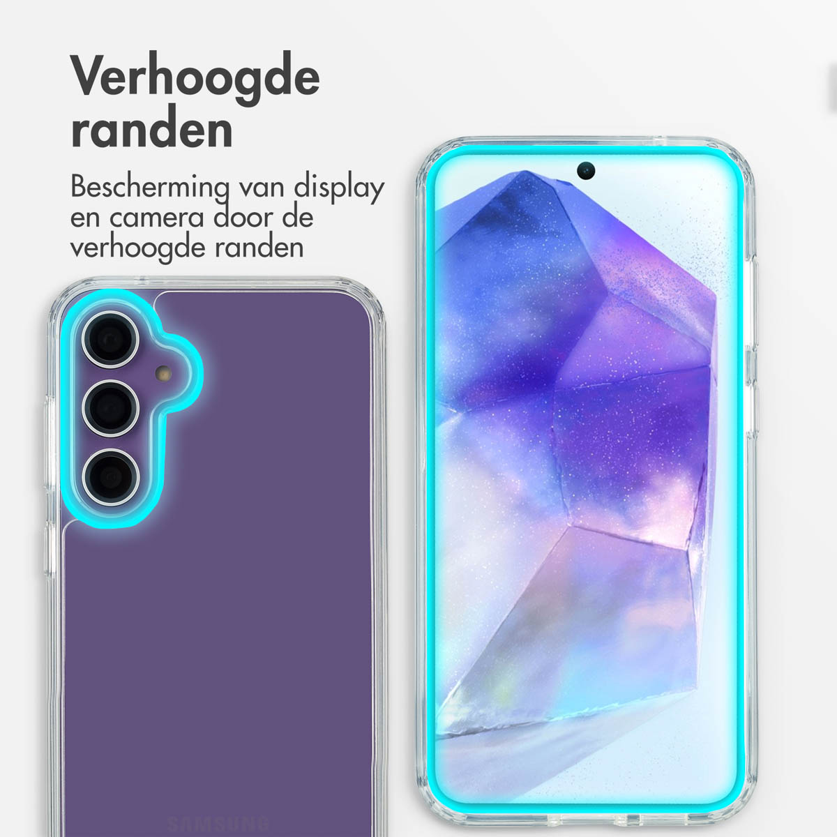 Custodia per telefono con protezione schermo, trasparente e viola. Testo: 'Verhoogde randen', significa: 'Bordi rialzati'.