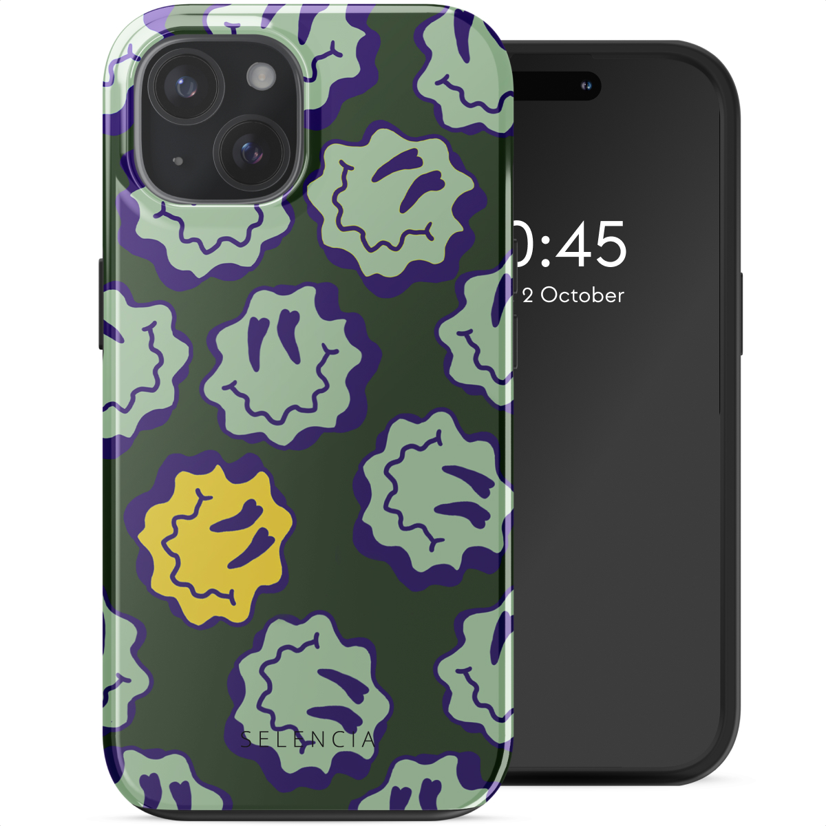 Telefoon in hoesje met smileypatroon. Scherm toont tijd.
