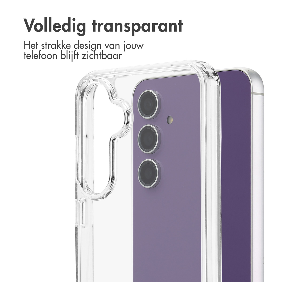 Una custodia trasparente per telefono su uno smartphone viola. La custodia mostra le lenti della fotocamera del telefono. Il telefono è visibile.