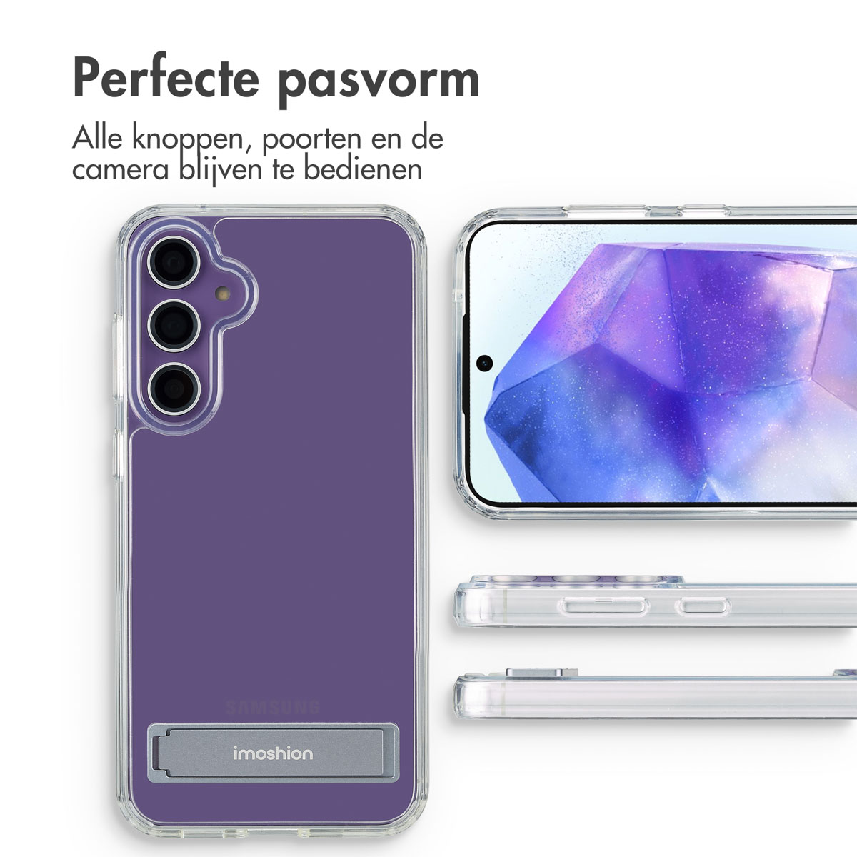 Telefono in custodia viola con cavalletto, su sfondo bianco con dettagli.