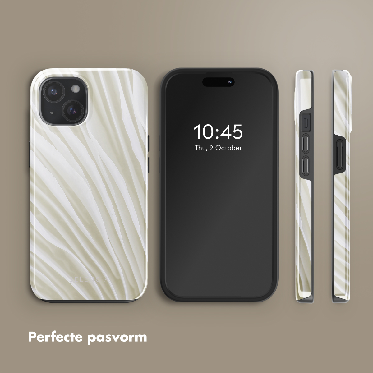 Drie weergaven van een telefoon met een crèmekleurige golvende designhoes.