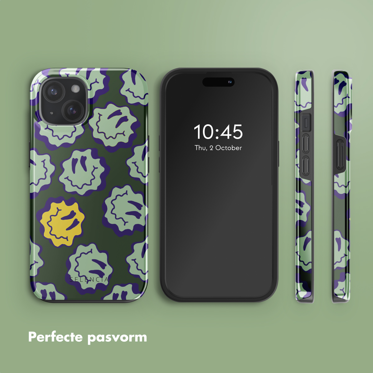 Telefoon met hoes, tijd weergeven, naast twee zijkanten van de hoes, groen bloemmotief.