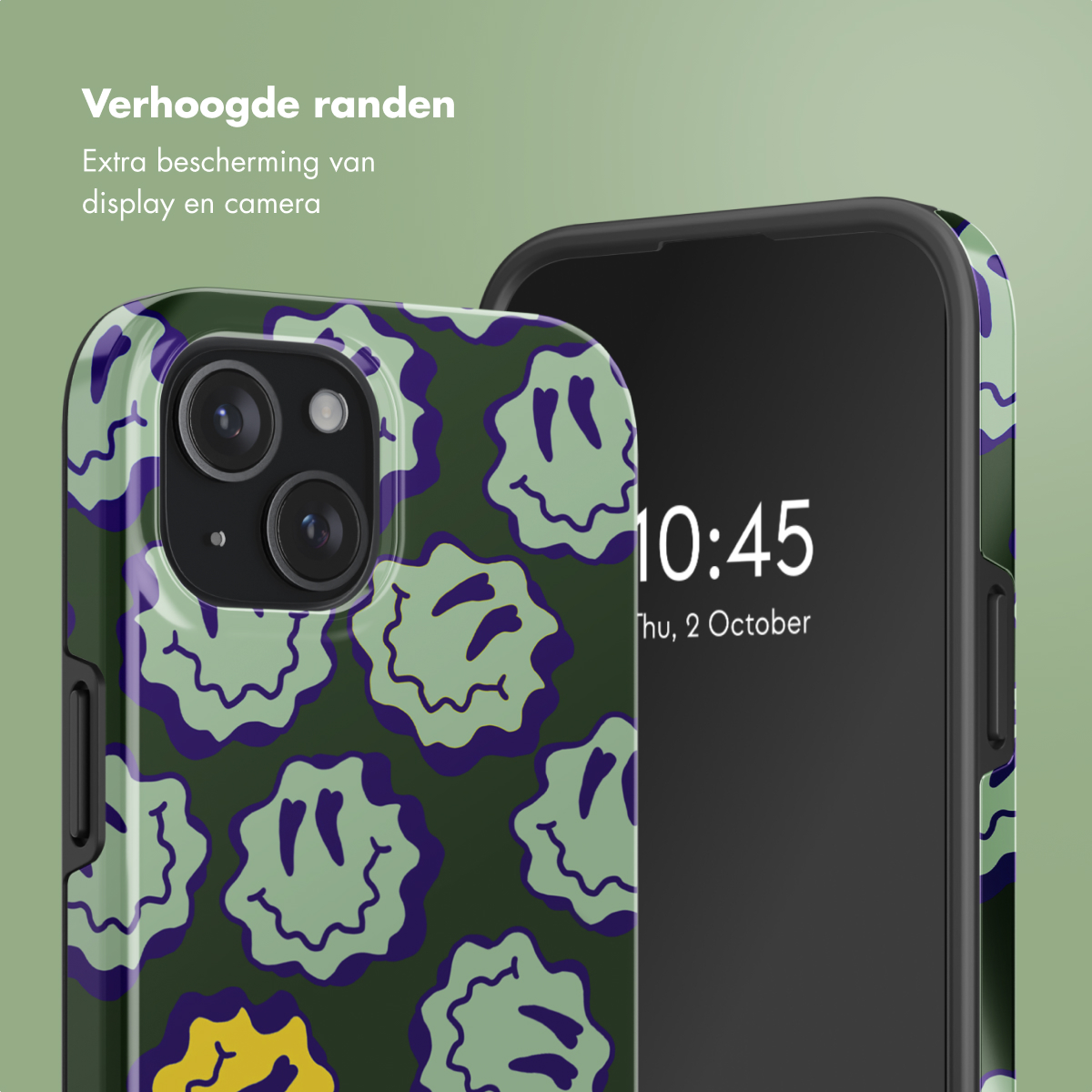 Telefoonhoesje met groene smileys op donkergroene achtergrond. Zwart frame.