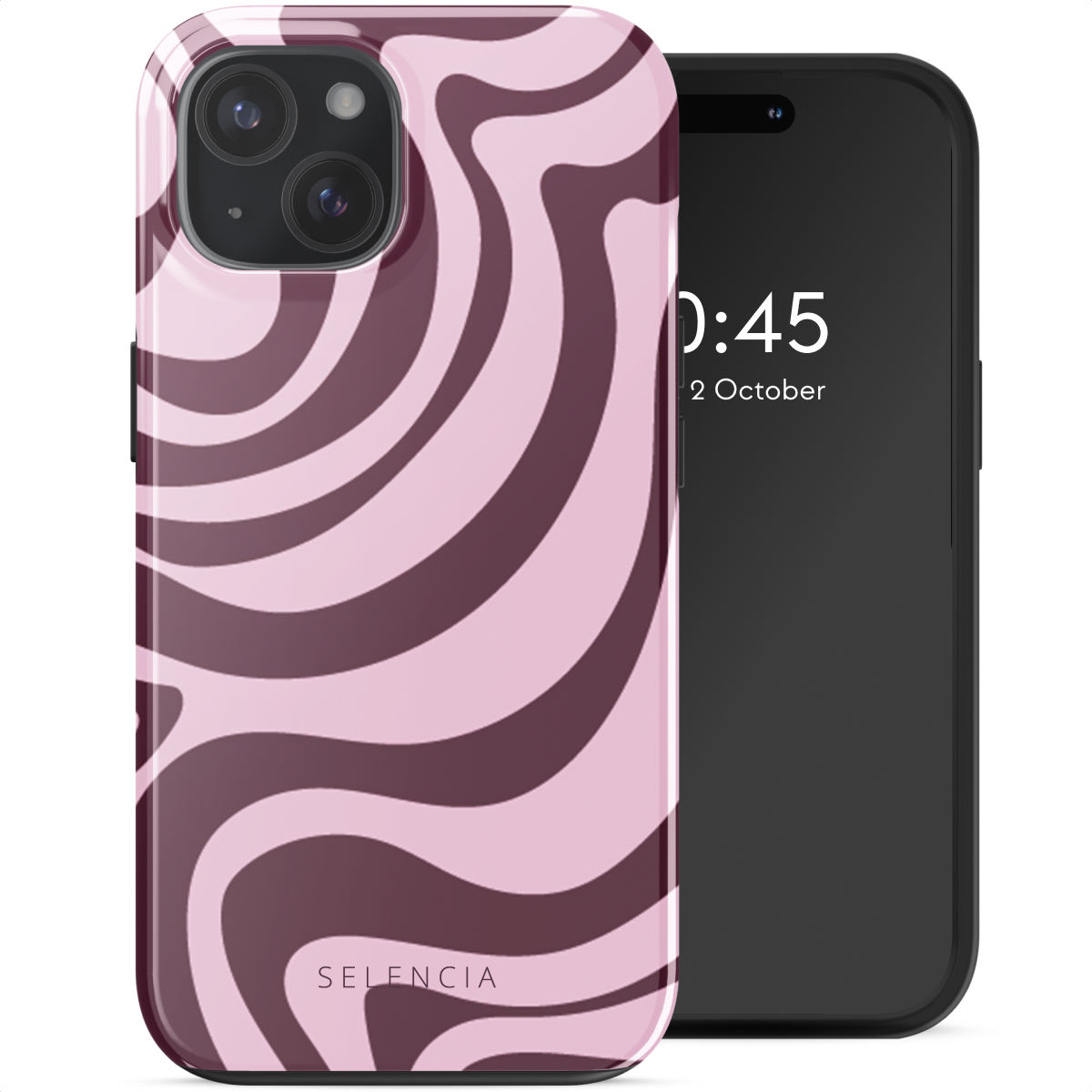 iPhone avec une coque rose et violet foncé à motifs tourbillonnants, affichant l'heure et la date.