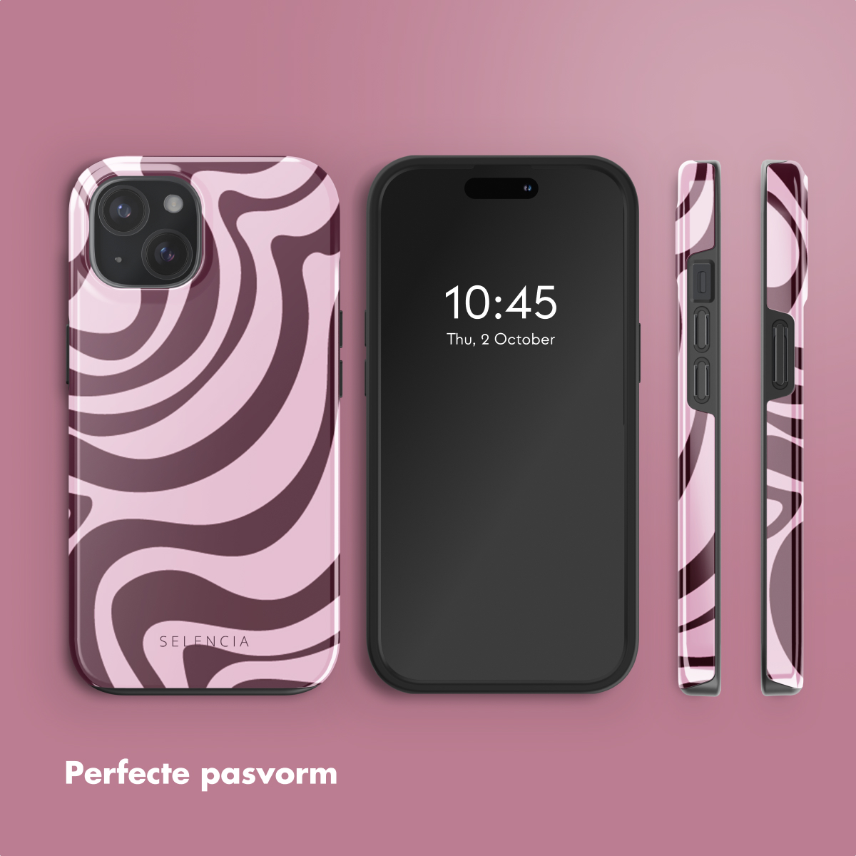 Un téléphone avec un étui rose au design ondulé, avec deux autres vues de l'étui.