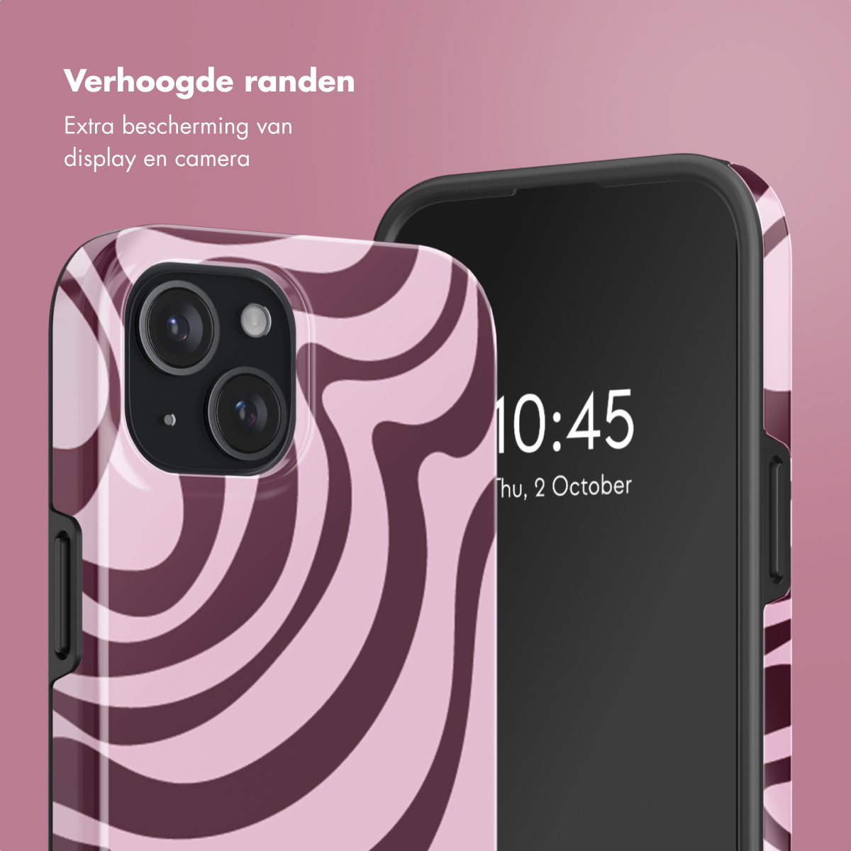 Coque de téléphone avec un motif tourbillon rose et marron, couvrant un téléphone. Affiche la date et l'heure.