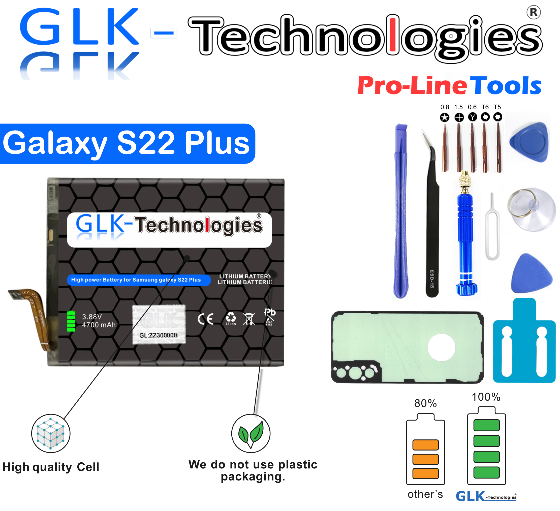 Akku für Samsung Galaxy S22 Plus, Werkzeuge zur Reparatur, Akkuladestände.
