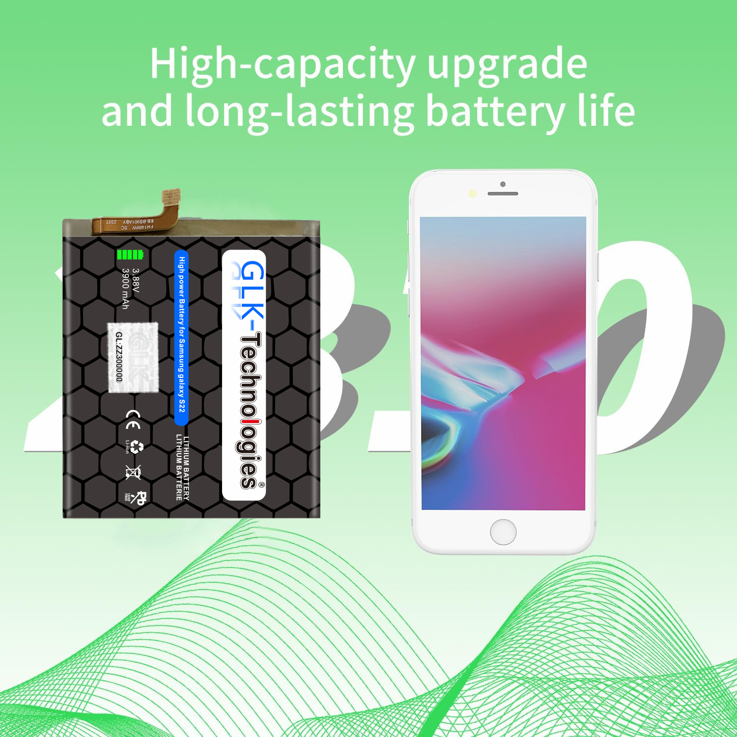 Ein Smartphone und eine Batterie. Das Telefon zeigt einen rosa-weißen Hintergrund. Die Batterie ist schwarz.