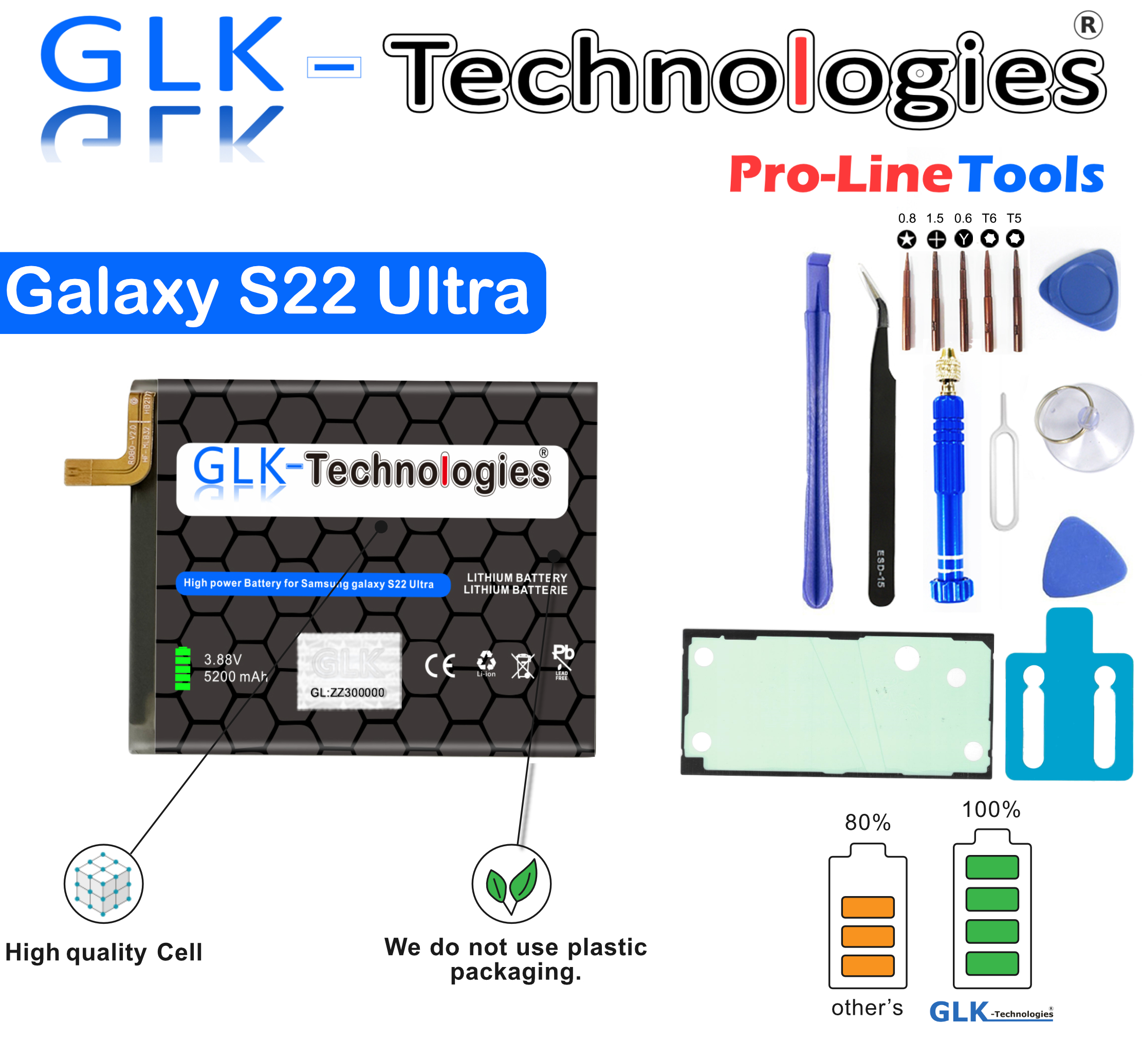 Ein Galaxy S22 Ultra Akku und Werkzeugsatz, mit dem Etikett 'High quality Cell'.