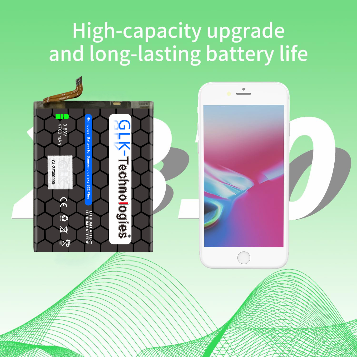Smartphone-Akku und Smartphone, mit Text über High-Capacity-Upgrade und lange Akkulaufzeit.