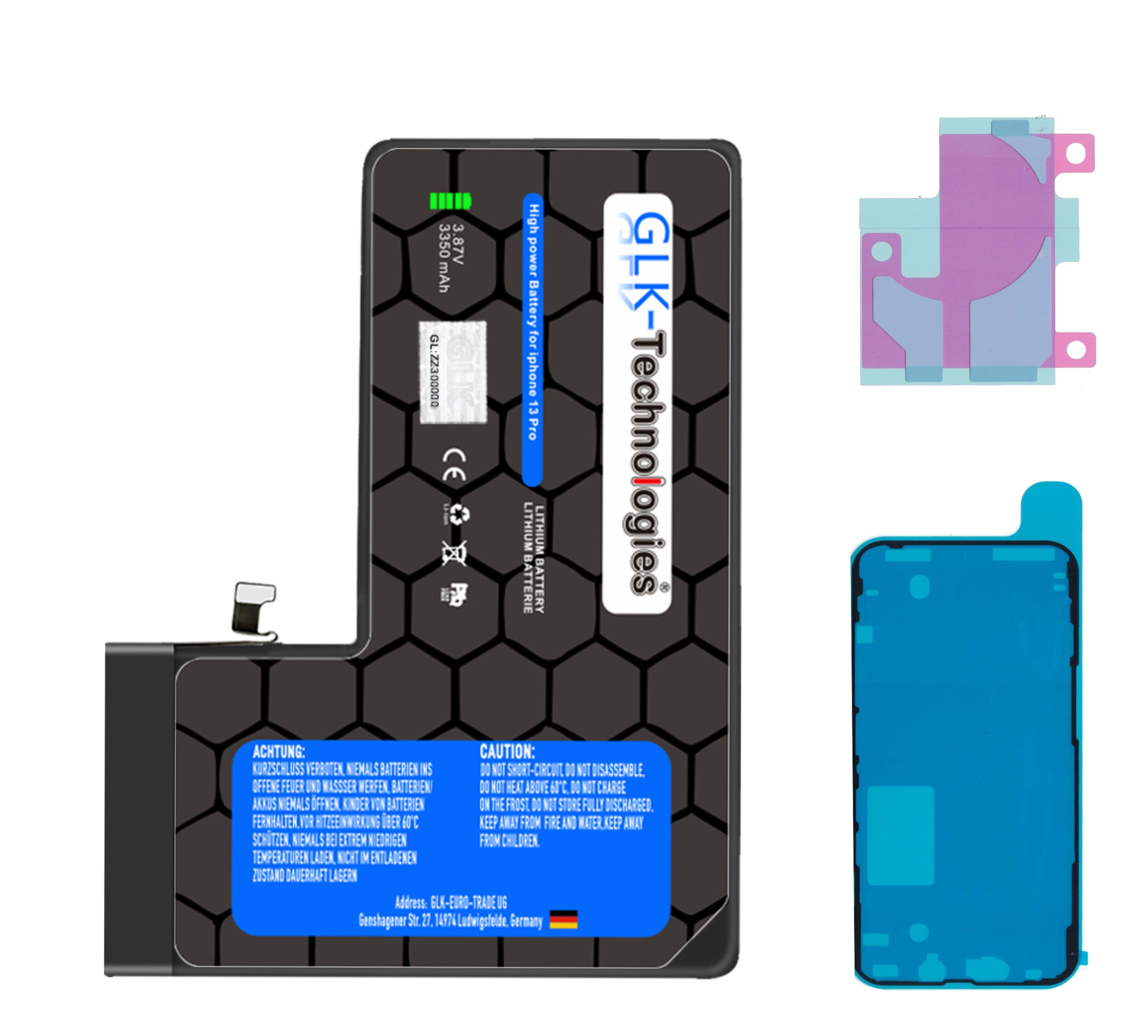 Telefonbatterie mit Warnhinweisen und blauen Klebeetiketten, mit separatem Aufklebersatz.