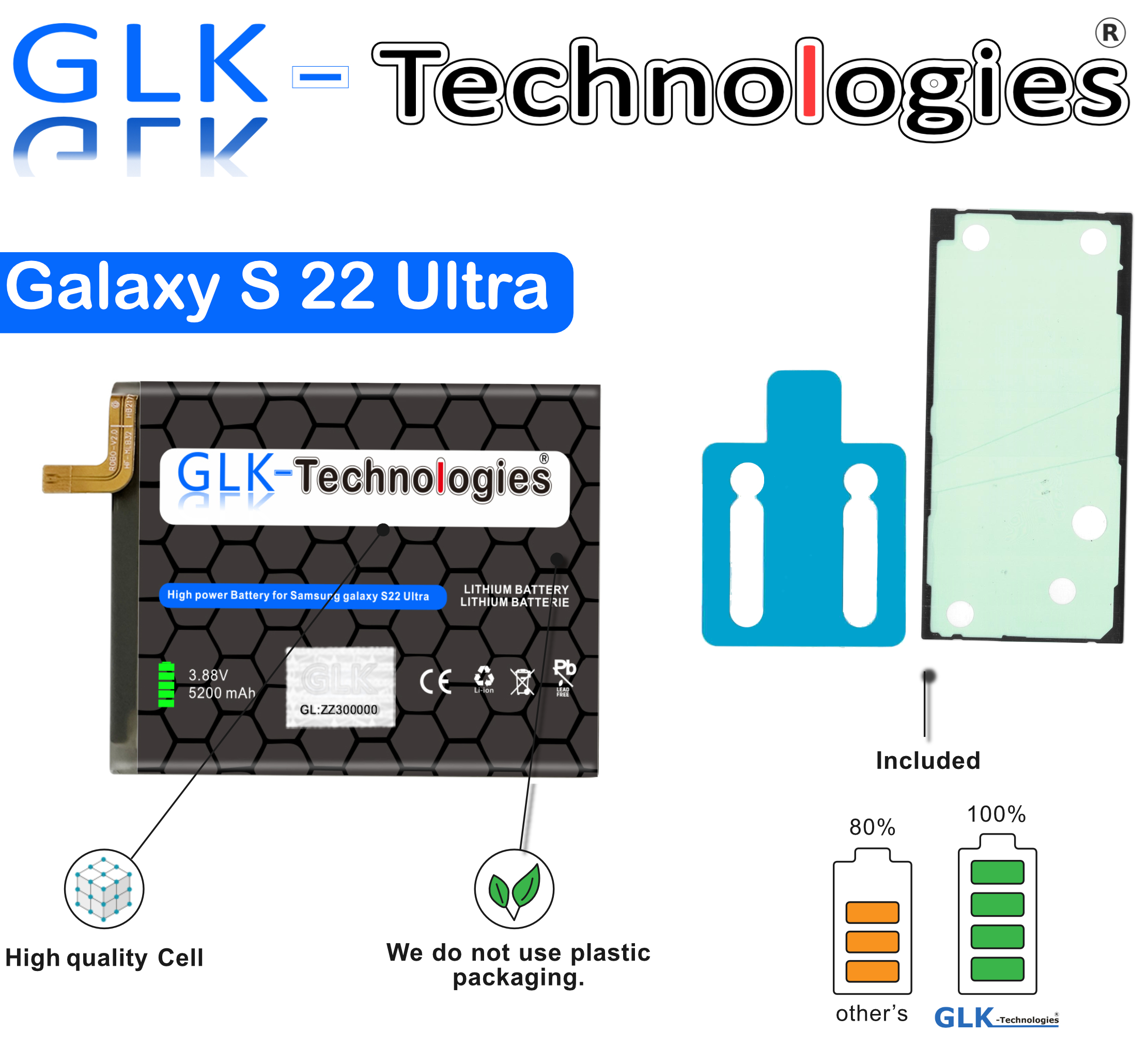 Samsung Galaxy S22 Ultra Akku, mit Zubehör, hochwertige Zelle, schwarze und weiße Verpackung.