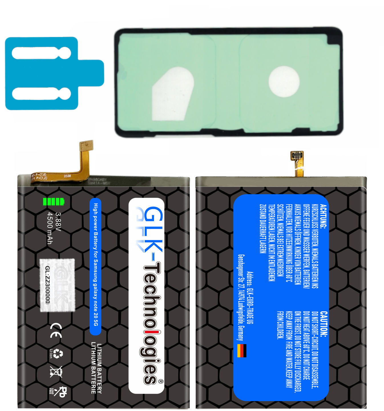 Ein Samsung Galaxy Note 20 5G Akku mit Warnhinweis und blauer Umriss des Telefons.