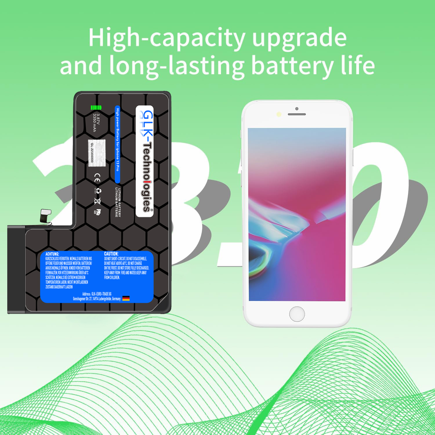 Telefon-Akku-Upgrade-Kit mit Smartphone und Textbeschreibung.