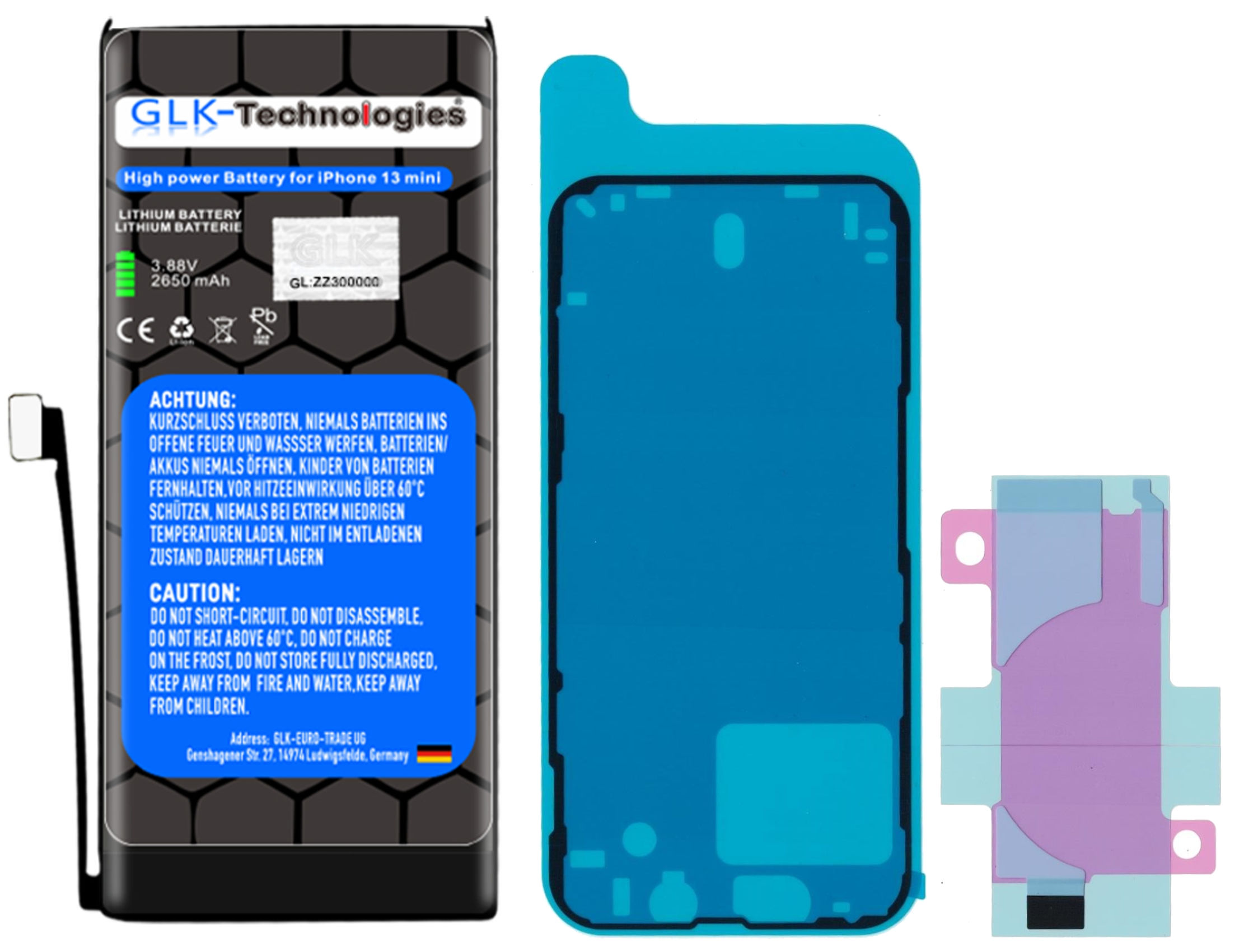 Ein schwarzer Akku mit Warnhinweis und ein blauer Klebstoff für eine Telefonreparatur. Weißer Hintergrund.