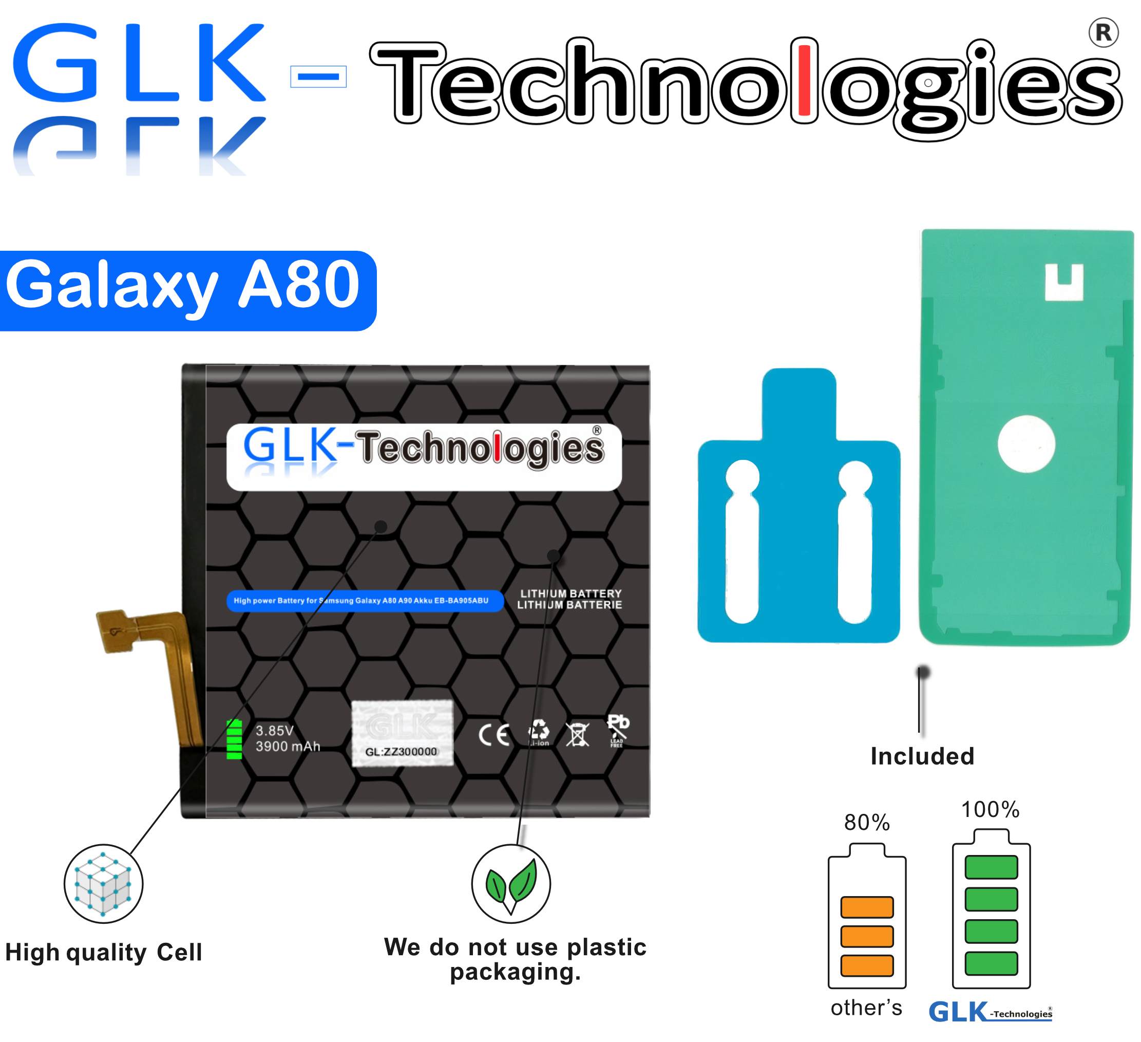 Akku für Galaxy A80-Telefon. Enthält Akku und Verpackung. Text: Hochwertige Zelle, 3,85 V, 3900 mAh.