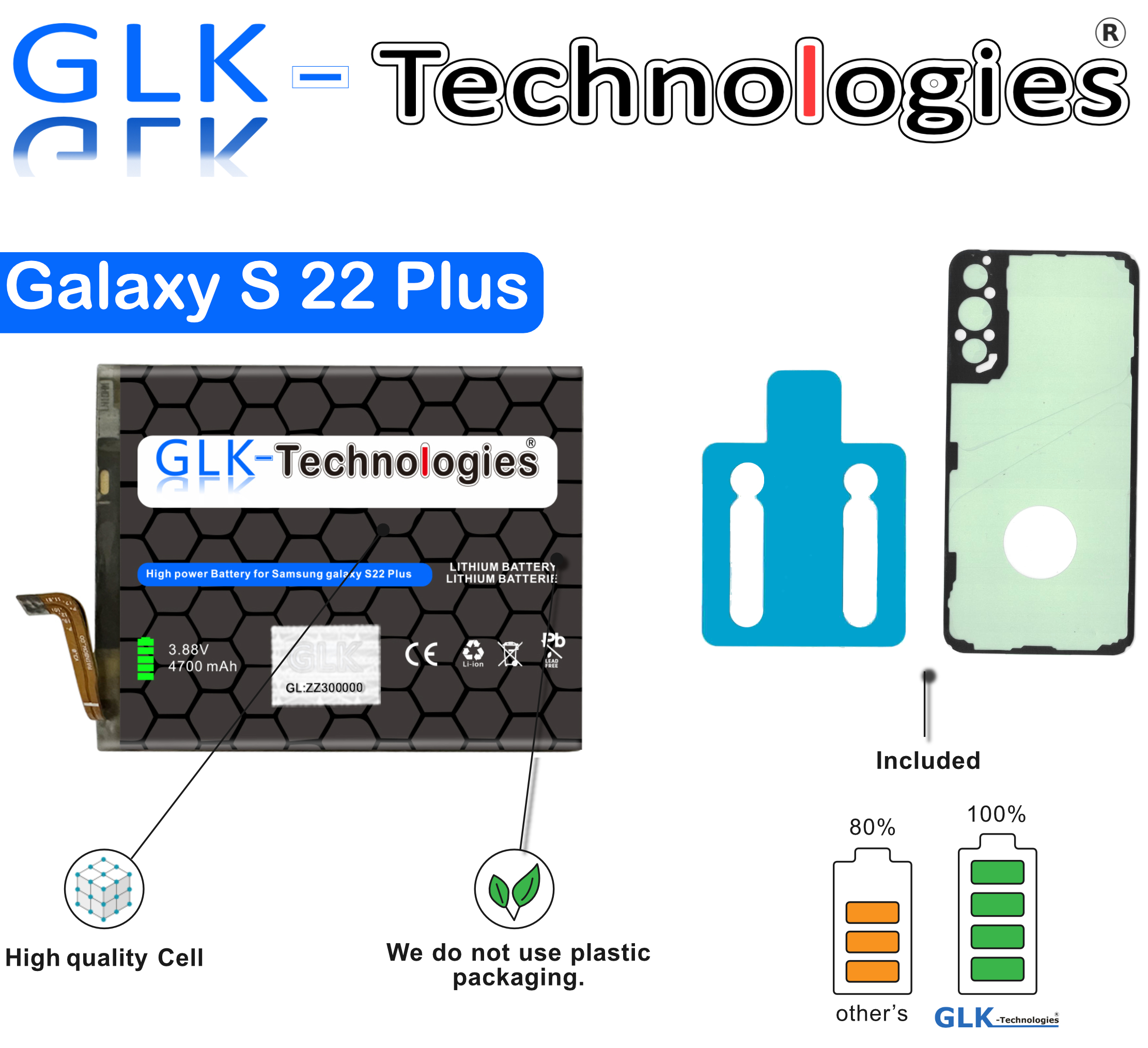 Akkupack für Samsung S22 Plus, mit zusätzlichen Komponenten und Text.