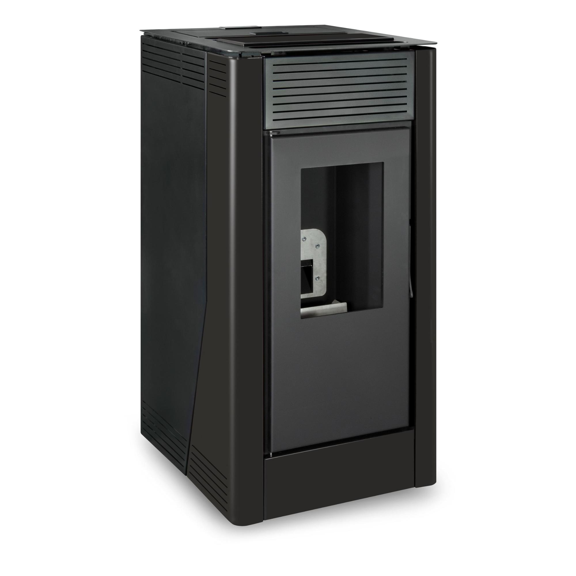 Estufa de pellets rectangular negra con una pequeña puerta de vidrio y rejillas de ventilación.