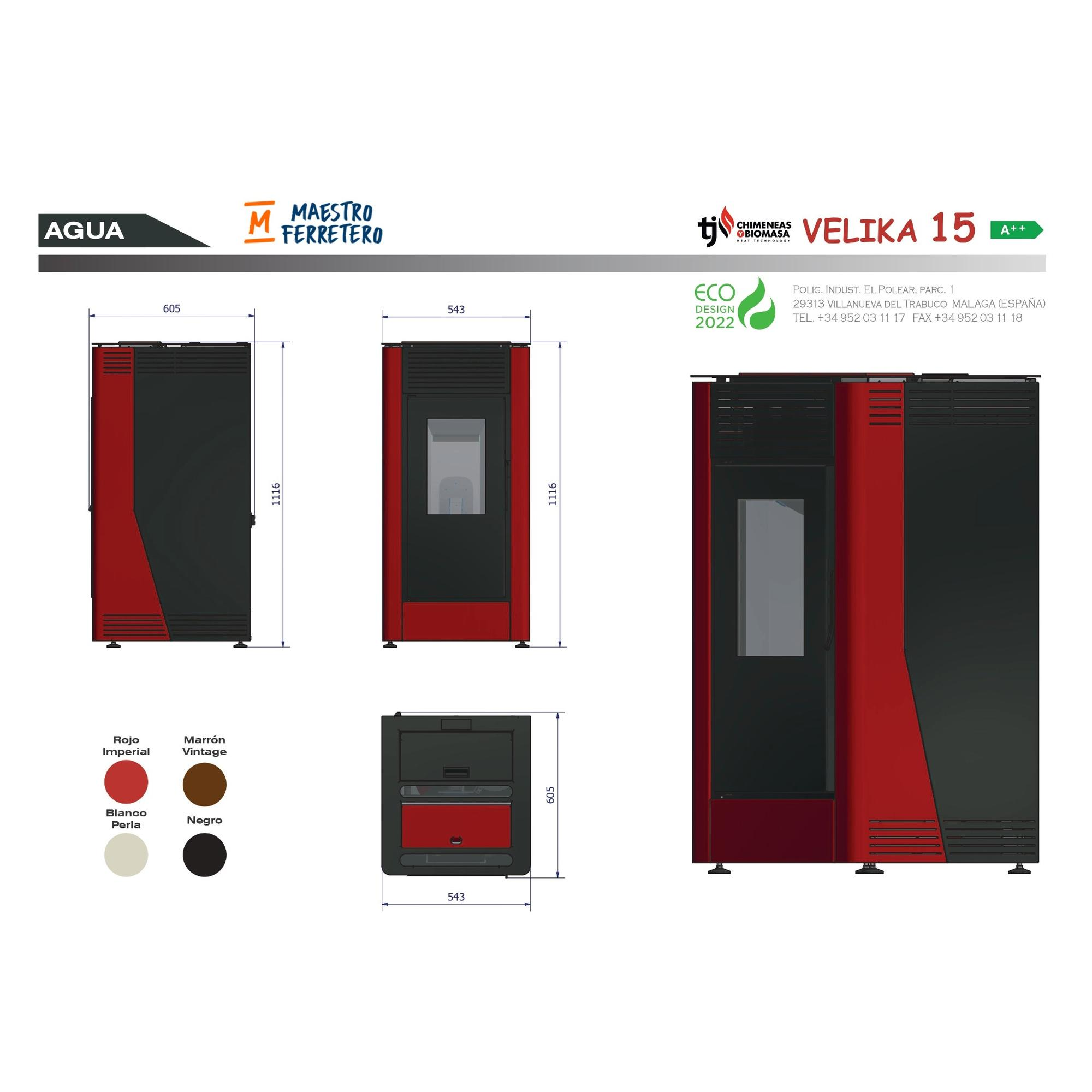 Diagrama de chimenea. Opciones de color rojo, negro y blanco. Dibujos técnicos y dimensiones.