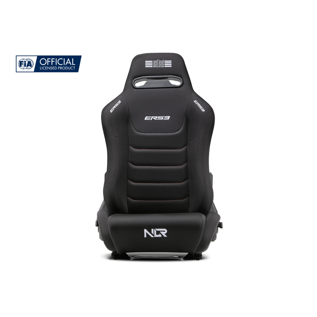 Asiento de carreras negro con el logo 'ERS3' y 'NR' en la parte inferior, y el logo oficial FIA.